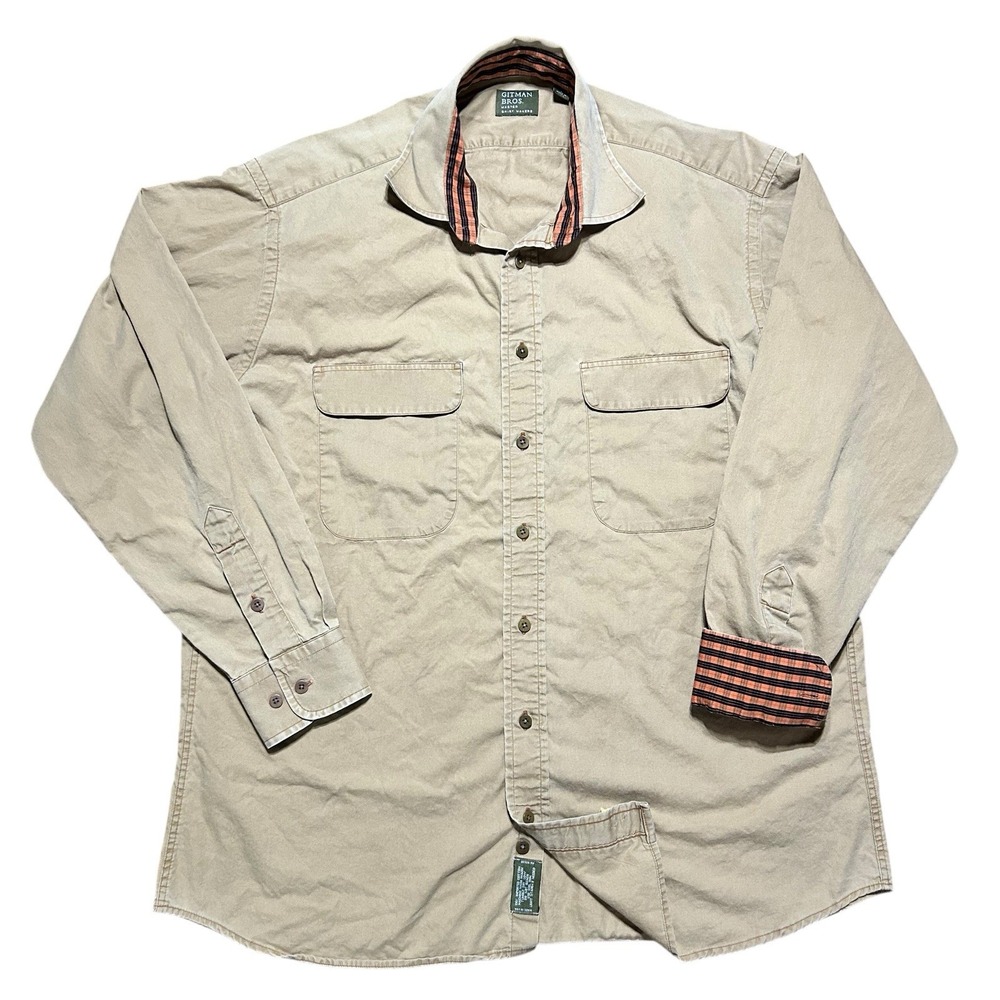 Men's Gitman Bros Button Down Shirt‎ Men's L Khaki Plaid Flip Cuff Safari USA